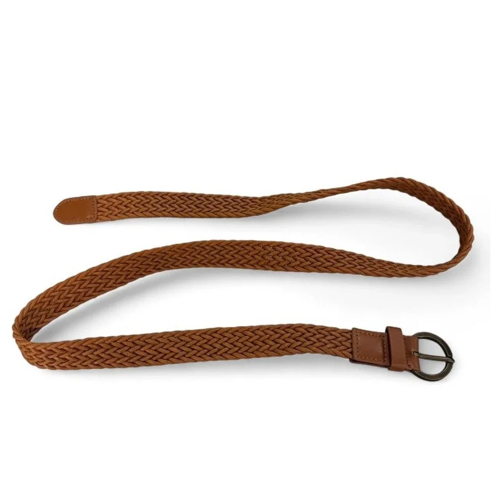 Womens Cognac Brown Braided Woven Belt Round Bronze Buckle Boho Classic 43.5in